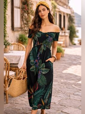 NWT Anthropologie Tropical Smocked Jumpsuit Small Resort Coastal Chic Vacation